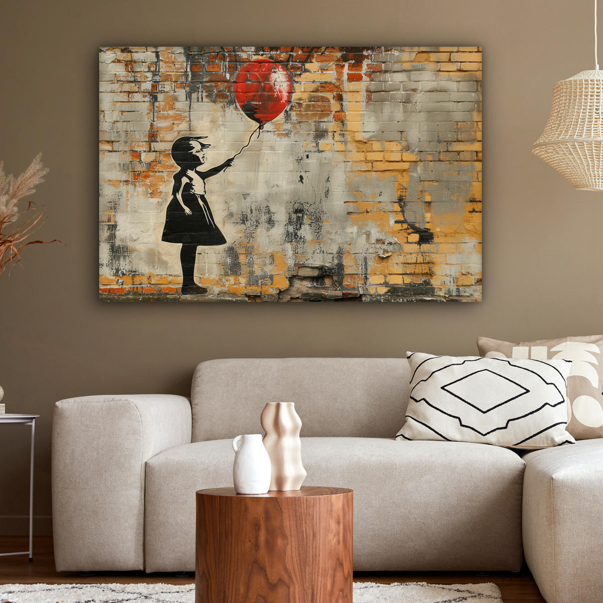LEINWANDBILD Graffiti - Banksy - Mädchen - Straßenkunst Groß 140x90 cm - Sandfarben, Textil (140/90cm) - MuchoWow