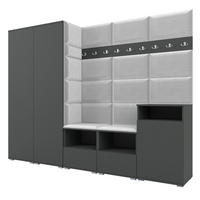 GARDEROBE NELA VIII 250 cm (Modulare Flurmöbel Graphit mit Sitzpolster Hellgrau 32 2 Schränke + Sideboard) - Silberfarben/Hellgrau, Holz/Holzwerkstoff (250/187/40cm) - Ravio