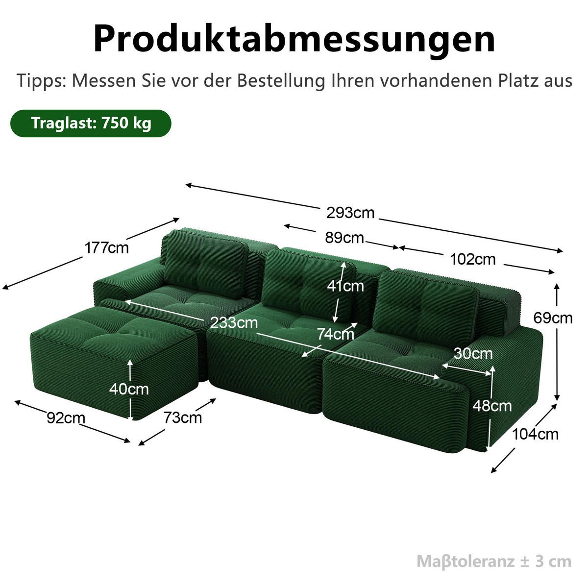 ECKSOFA 293/177/69 cm Grün mit Ottoman - Grün, Textil (293/177cm) - Oxeza