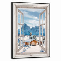 LEINWAND Bilder mit Rahmen - Winterlandschaft - Hütte - Berge - Ausblicke - Aussicht - Natur - 50x70 - Weiß Hochglanz, Textil (50/70cm) - MuchoWow