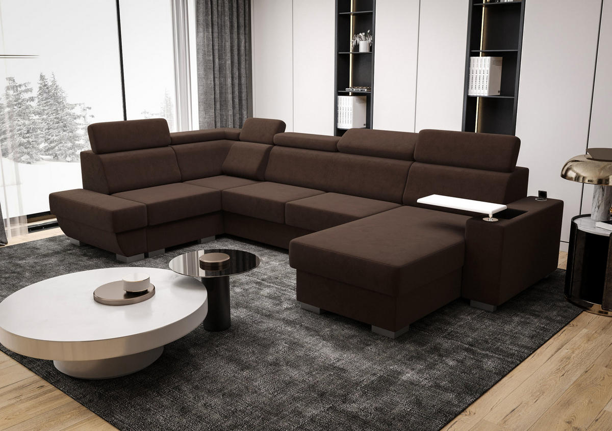 WOHNLANDSCHAFT KONGO RBN20, Eckcouch in U-Form mit Schlaffunktion, Farbe: Dunkelbraun, Velourstoff, Ottomane Rechts - Dunkelbraun, Textil (340/103/200cm) - O-Sofa