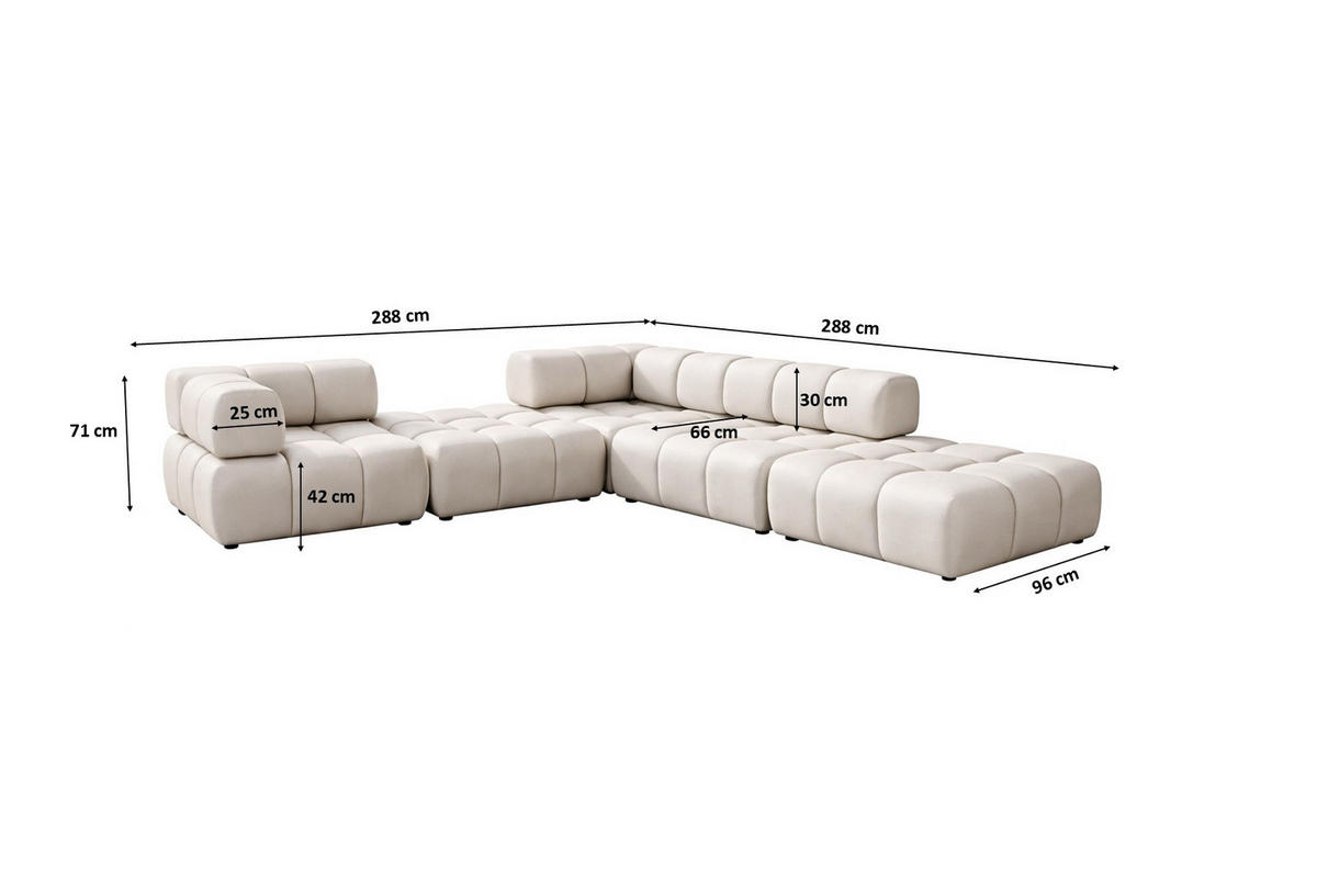 ECKSOFA Corner Modular, Veloursstoff Bluvel, Creme, Rechts, Bolla - Creme, Holz (288/288cm) - Kaiser Möbel