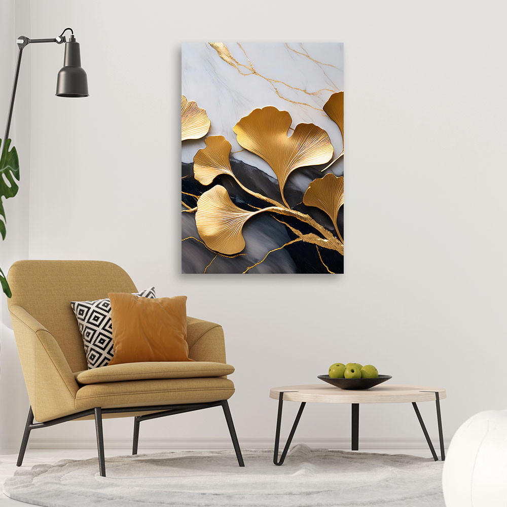 LEINWANDBILD Ginko Blumen Botanik Marmor Grau Gold 40x60cm - Goldfarben, Textil (40/60cm) - Feeby
