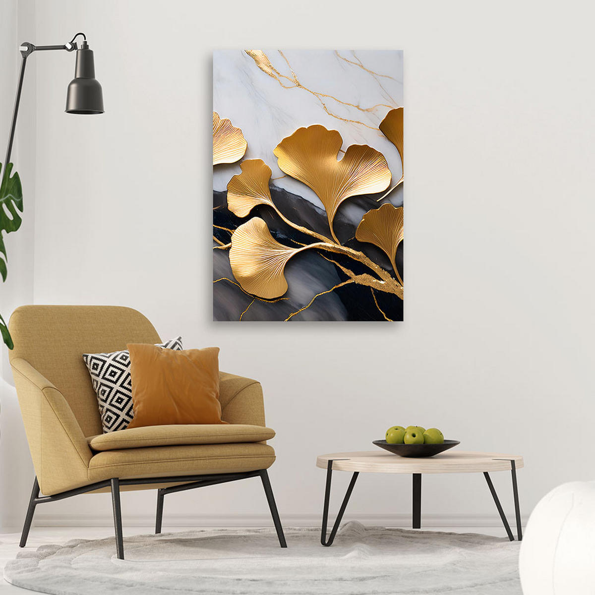 LEINWANDBILD Ginko Blumen Botanik Marmor Grau Gold 40x60cm - Goldfarben, Textil (40/60cm) - Feeby