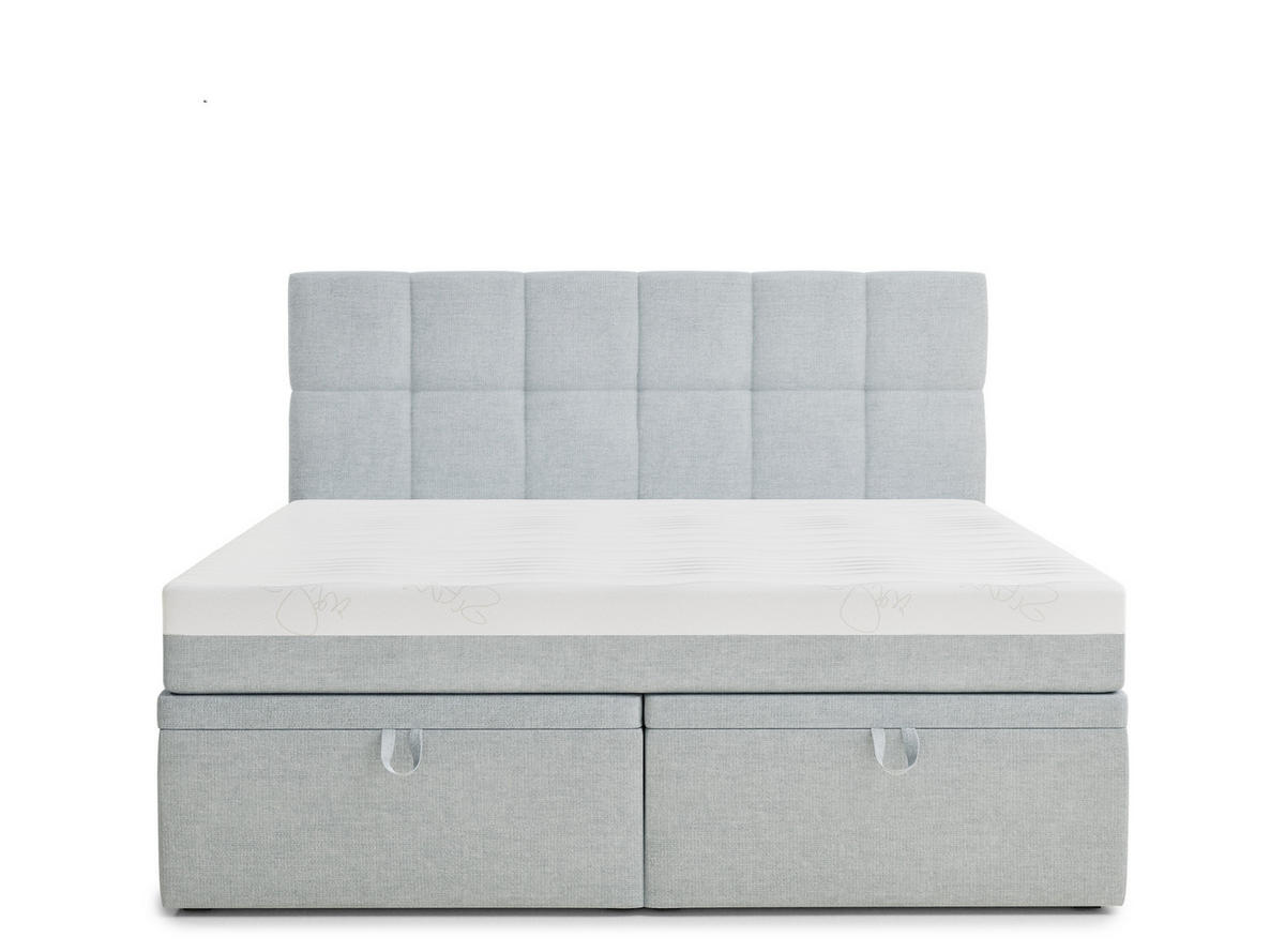 BOXBETT 160/200 cm Gotu M, in Hellblau, Matratze, gepolstertes Kopfteil, Bettkasten, H3 = fest - Schwarz/Hellblau, Holz/Holzwerkstoff (160/200cm) - Maison de Reve