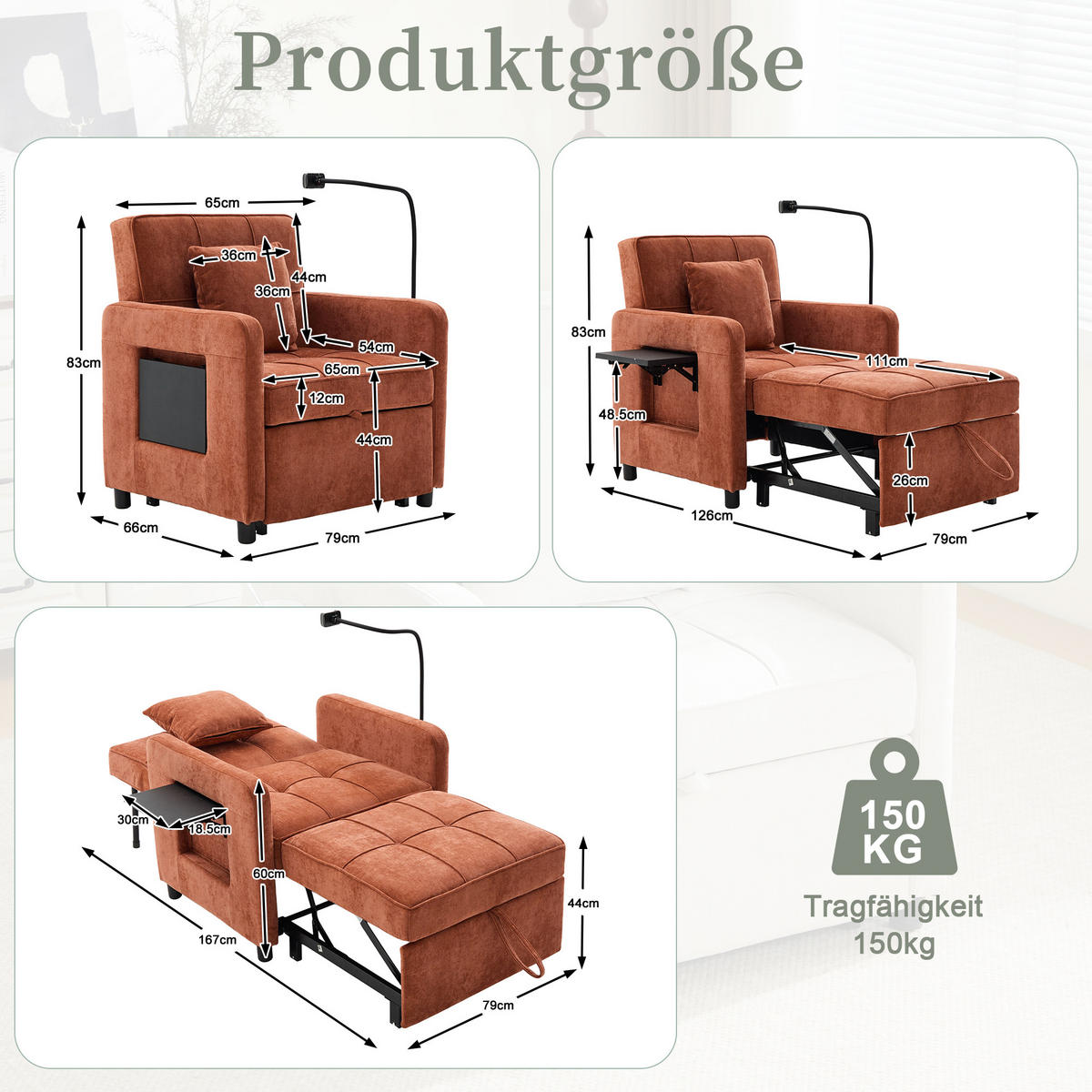 SOFA Chenille Orange mit Kissen, Stauraum und Handyhalterung - Orange, Textil/Metall (79/83/167cm) - WISHDOR