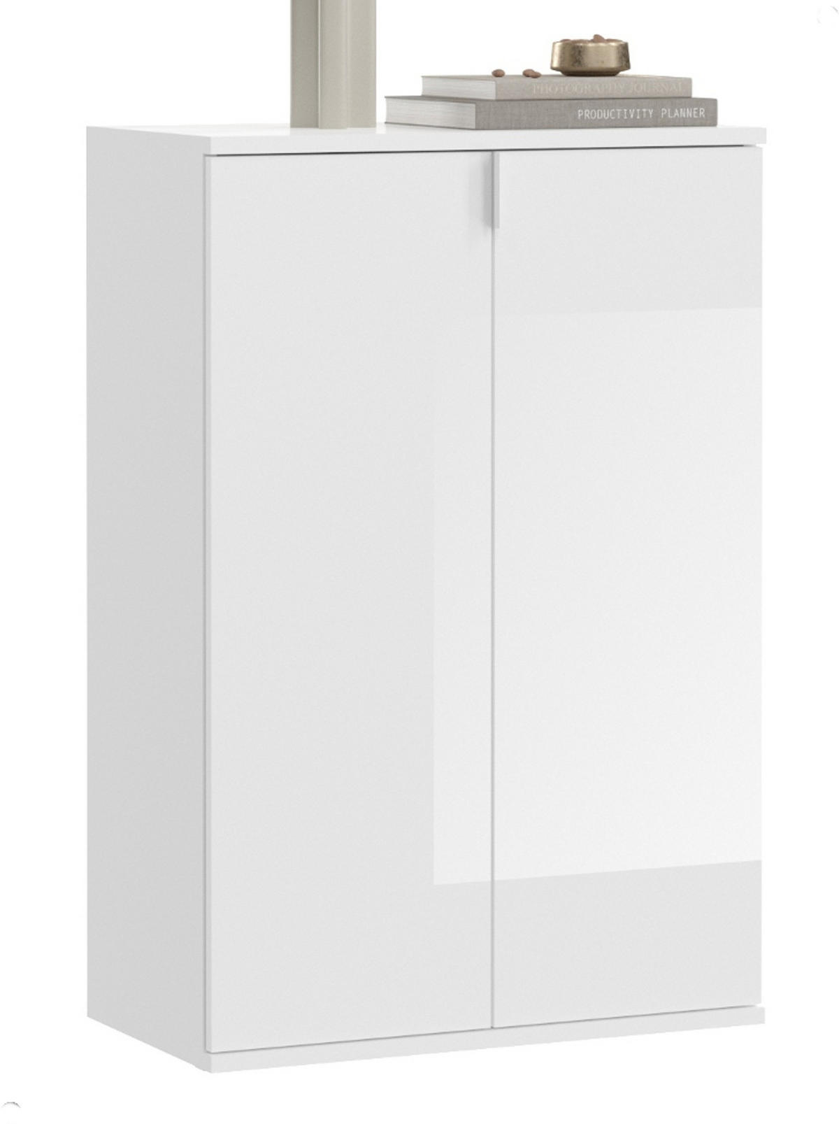 KOMMODE weiß Hochglanz 61 cm 2-türig, Mehrzweckschrank mit 6 Fächern, Garderobenmöbel - Weiß Hochglanz/Silberfarben, Holzwerkstoff/Kunststoff (61/99/34cm) - Inn.Furn