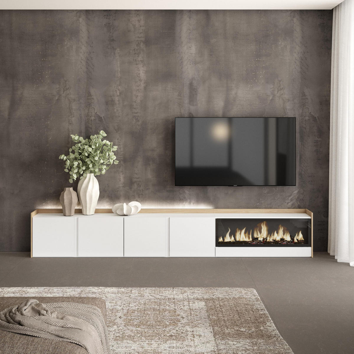 LOWBOARD, Weiß und Eiche, 315/35/50cm, Kamin mit Feuereffekt XXL - Weiß, Holzwerkstoff (315/50/35cm) - Skraut Home