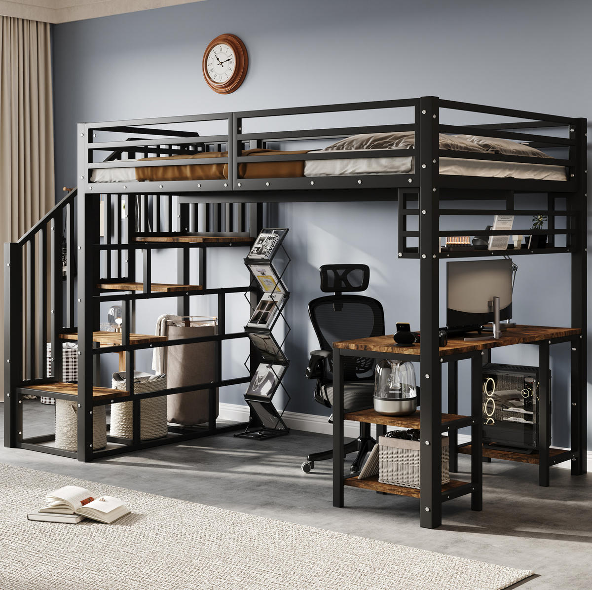 HOCHBETT 120/200 cm aus Metall mit Schreibtisch, Regal und Treppe mit Handläufen, Schwarz/Dunkle Walnuss - Schwarz, Metall (120/200cm) - Redom