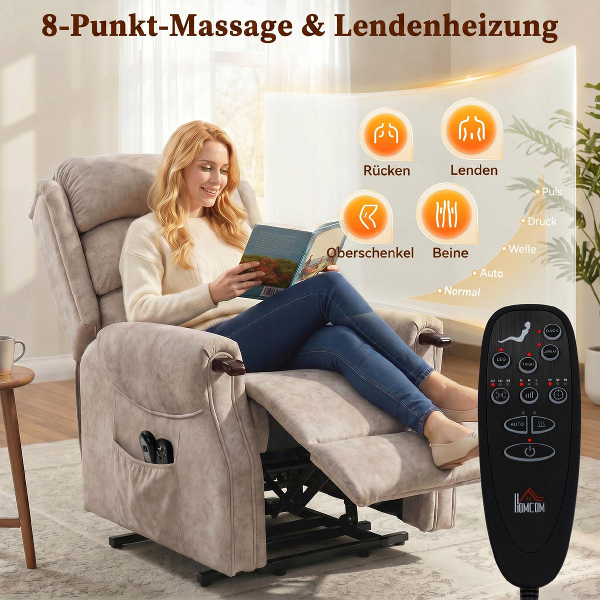 FERNSEHSESSEL-MIT-AUFSTEHHILFE Polyester Metall Hellgrau - Hellgrau/Naturfarben, Holz/Textil (79/111/93cm) - HOMCOM