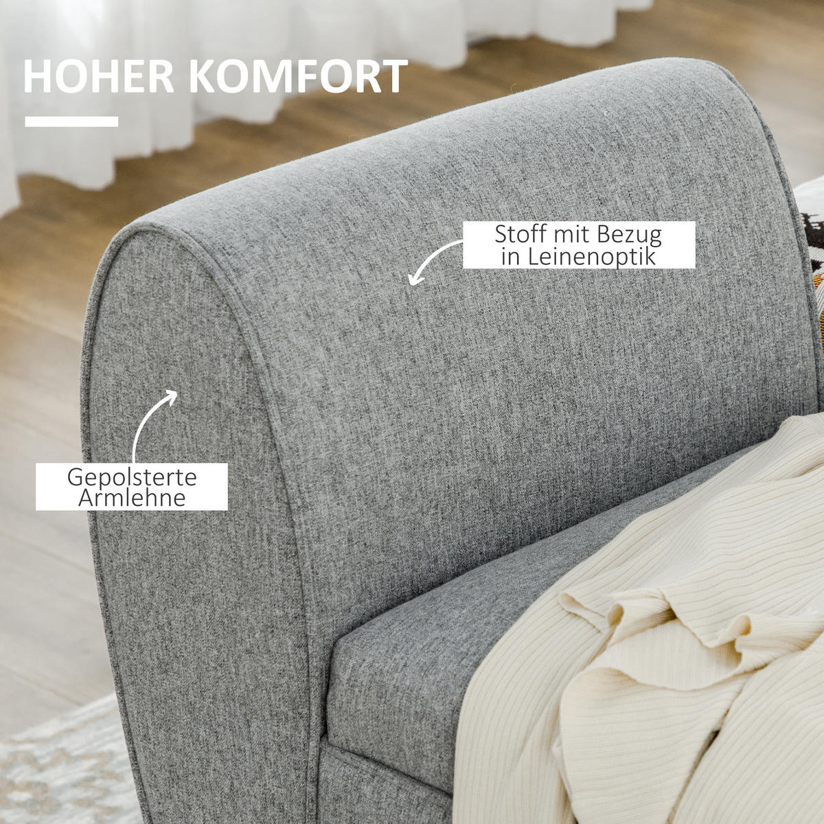 SITZBANK, Bettbank mit Stauraum, Polsterbank mit Armlehne, Leinenoptik, Grau - Hellgrau, Kunststoff (49/68/140cm) - HOMCOM