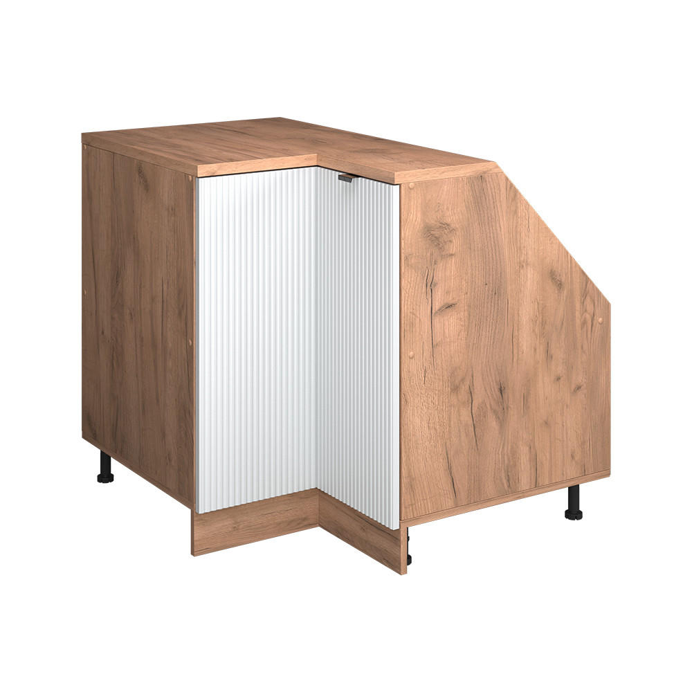 ECK-KÜCHENSCHRANK FÜR DACHSCHRÄGEN R-Line Weiß Riffel 75.6 cm mit 1 Tür, Schrankkorpus 60 cm Tiefe - Honigeiche/Weiß, Holzwerkstoff (75.6/83.8/60cm) - Vicco