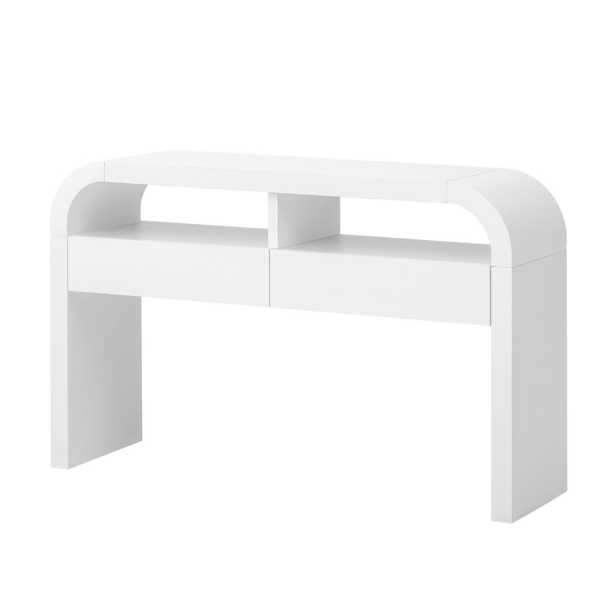 KONSOLENTISCH aus MDF 120x35,5x76,5 cm Weiß mit 2 Schubladen, offenen Fächern und verstellbaren Füßen - Weiß, Holzwerkstoff (35.5/120/76.5cm) - Modfu