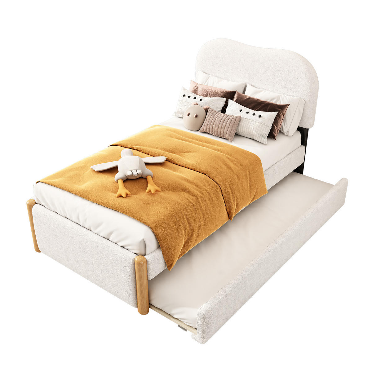 POLSTERBETT 90/200 cm weiß gepolstert mit ausziehbarem Rollbett - Weiß, Textil (90/200cm) - OKWISH