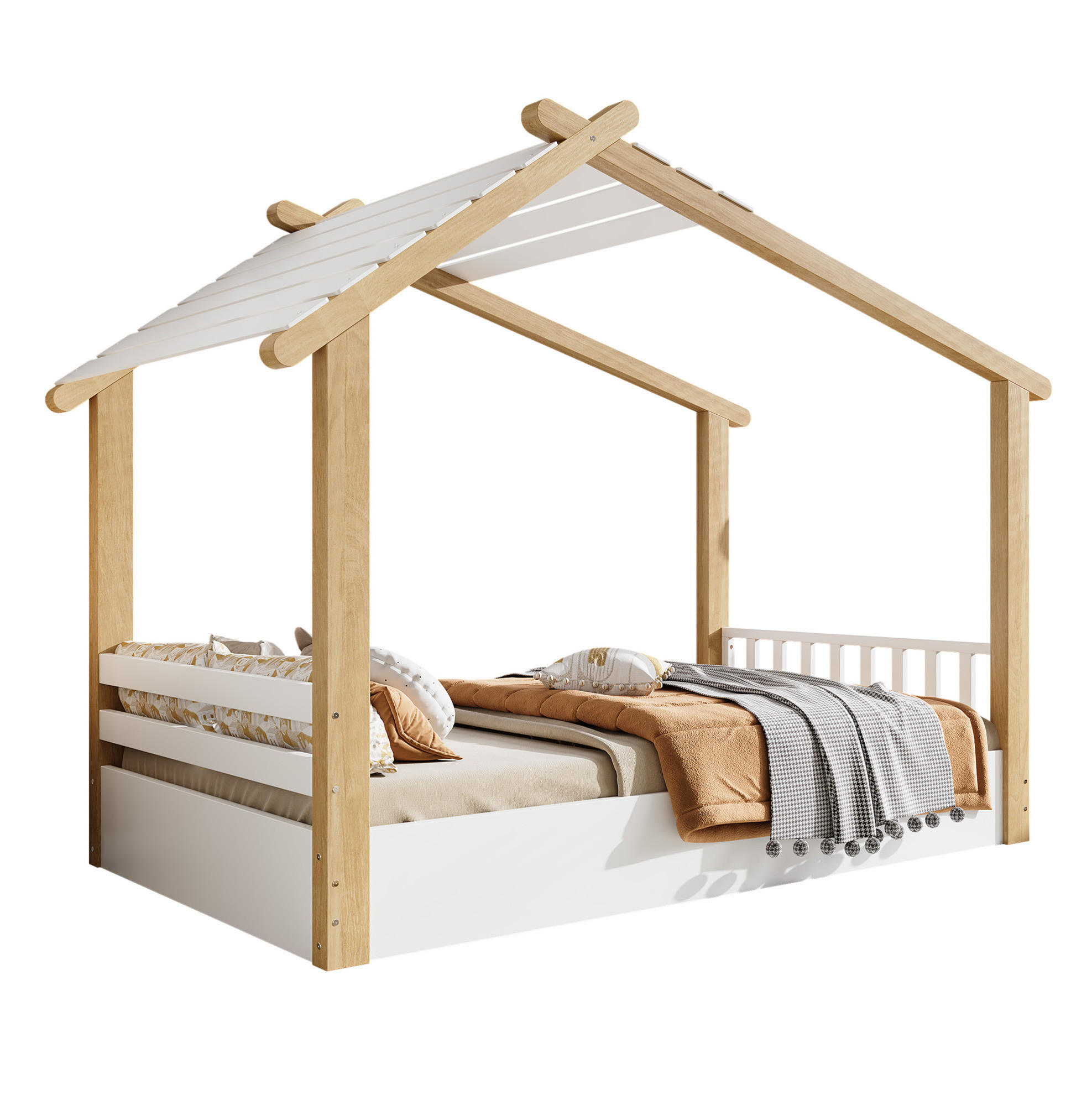 KINDERBETT 90/200 cm, Weiß/Natur mit Hausdesign, Lattenrost, ohne Matratze - Weiß, Holz (90/200cm) - MIVRAY