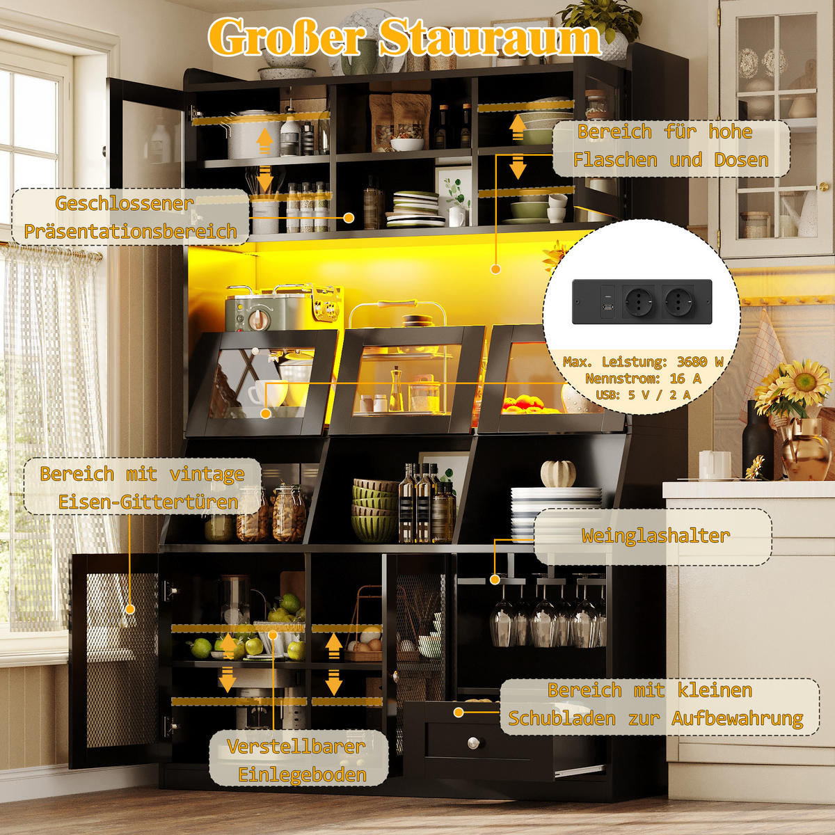 BUFFETSCHRANK Schwarz 120/40/181.7 cm - Schwarz, Holz (120/181.7/40cm) - PANGIVO