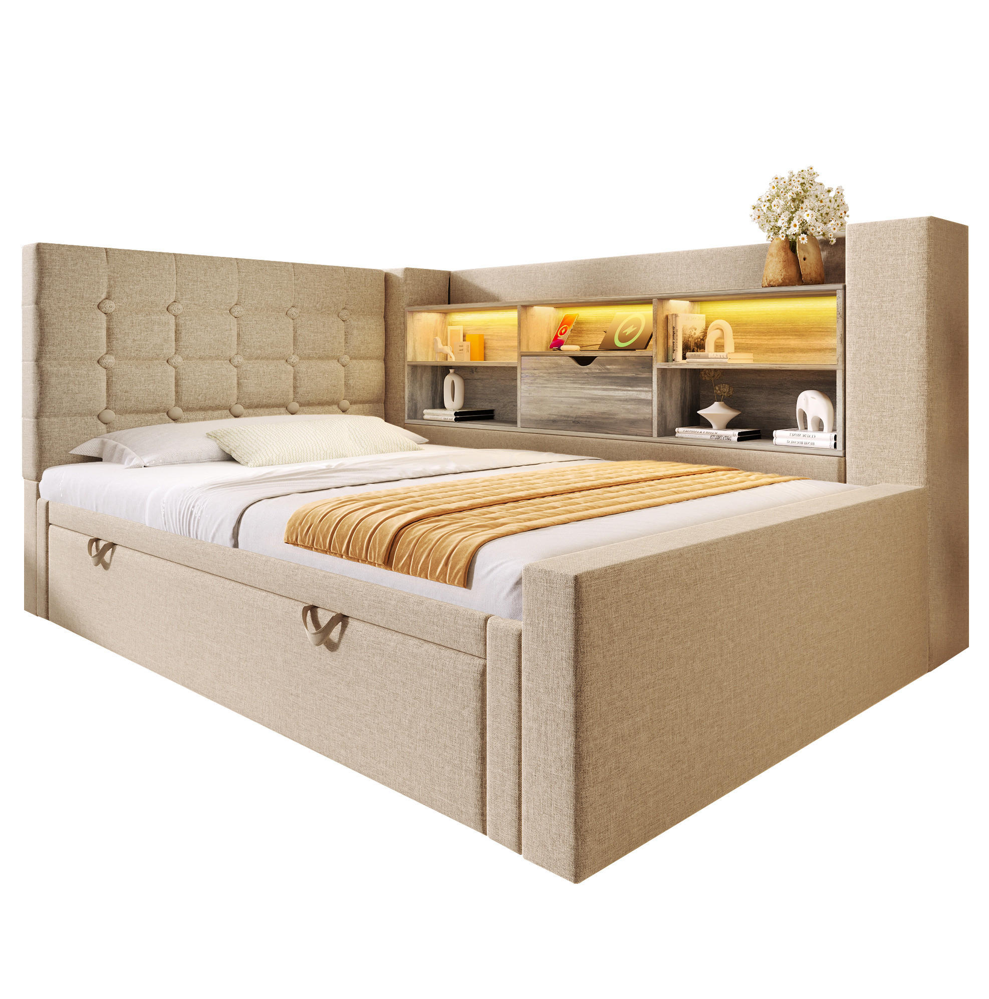 POLSTERBETT 90/200 cm Beige aus Leinen mit Ausziehbett - Beige, Textil (90/200cm) - OKMYHOME