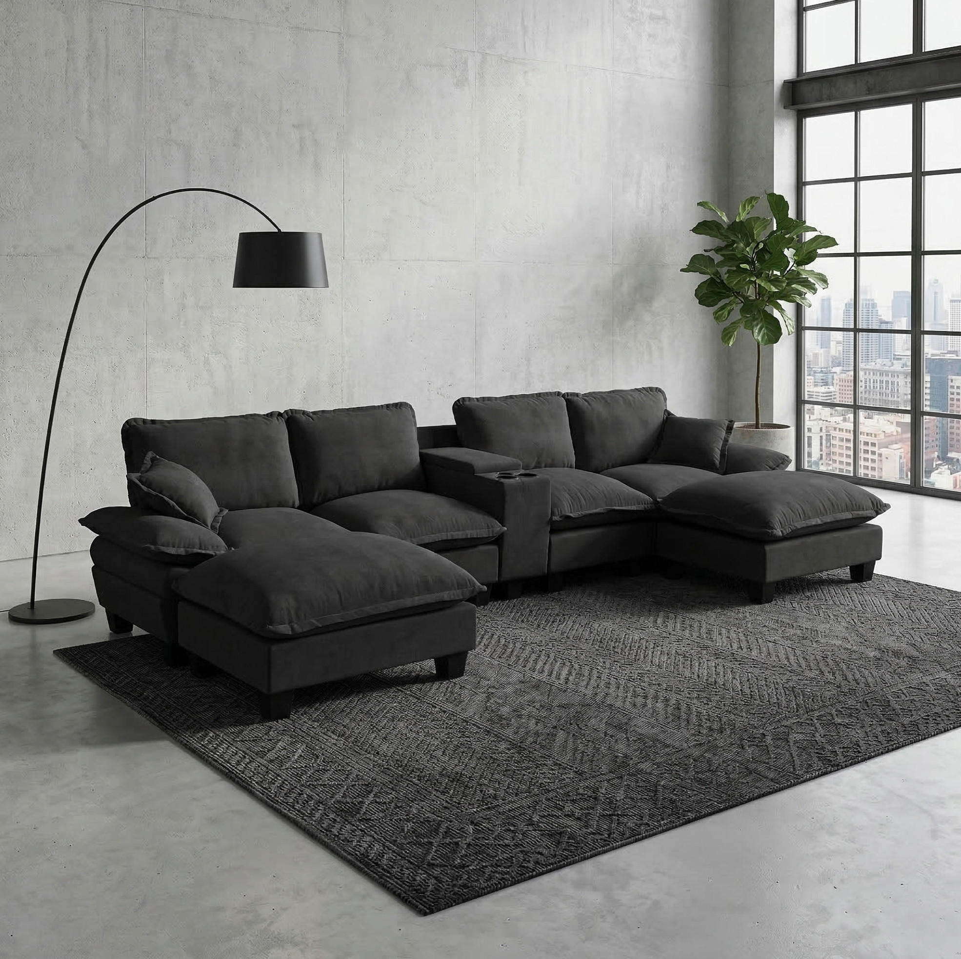 WOHNLANDSCHAFT aus Chenille in Schwarz mit USB-Anschluss & Stauraum - Schwarz, Textil (155/90/364cm) - Modfu