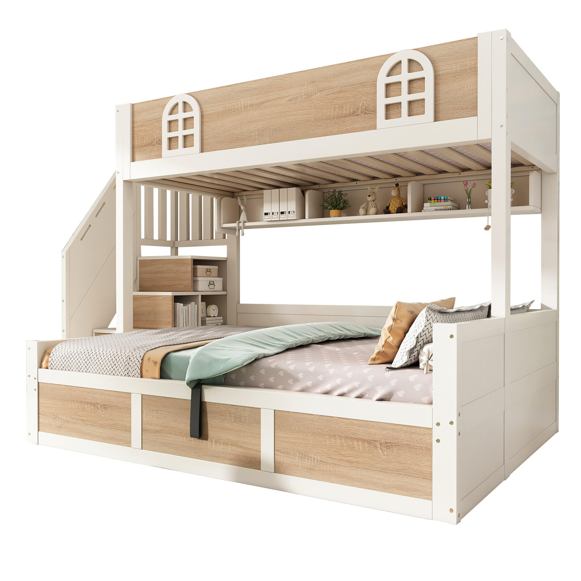 ETAGENBETT 90/200 cm & 140/200 cm in Weiß & Natur mit Stauraum, Regal und 4 Stufen - Weiß/Naturfarben, Holz/Holzwerkstoff (140/200cm) - WISHDOR