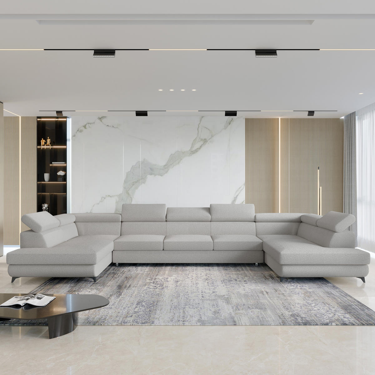 ROHOVÁ SEDAČKA URMANO světle šedá - černá/světle šedá, kov/dřevo (395/190cm) - MASSENO