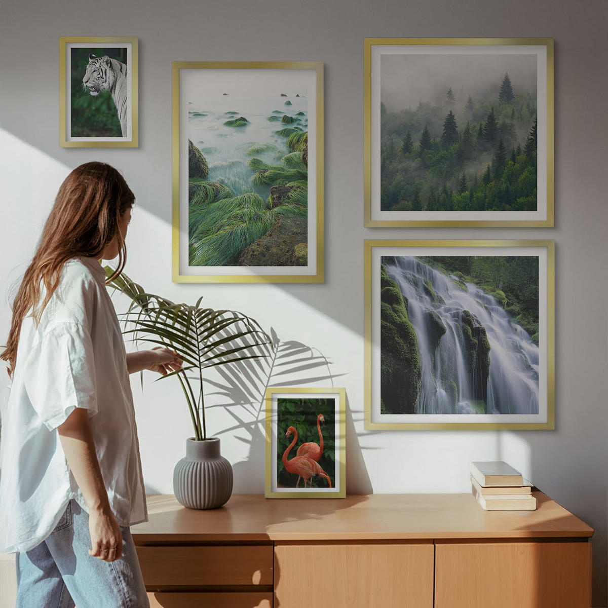 WANDBILDER 5er Set - 50x50 cm & 20x30 cm & 40x60 cm Goldrahmen - Tiger Wasserfall Flamingos Natur - Goldfarben, Kunststoff (40/60cm) - ArtPrintCave