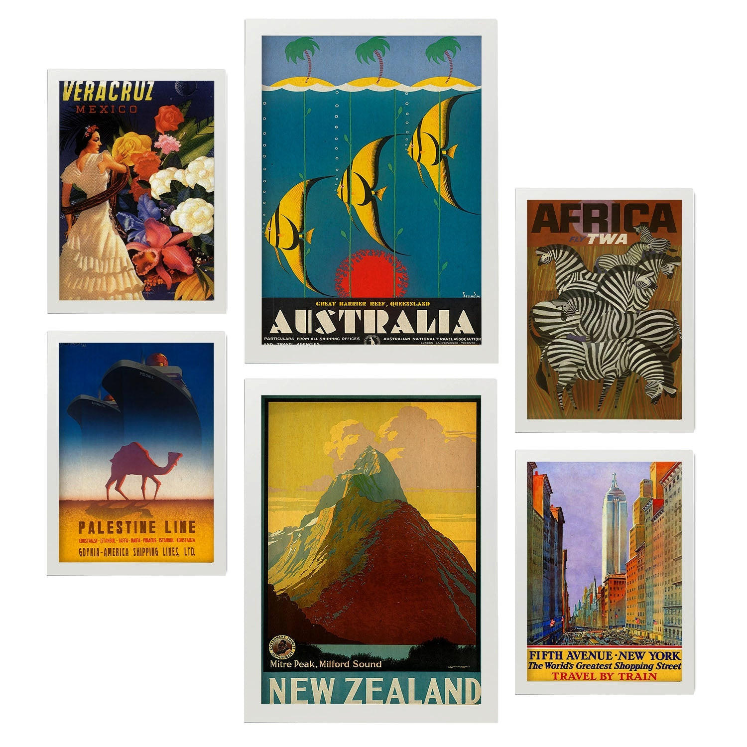POSTER Set Mit 6 Von Norden Nach Süden Vollfarbige Illustrationen Von Vintage Tourismus Werbetafeln Aus Der Ganzen Welt A3 & A4 Weißer Rahmen - Weiß, Papier (29/3cm) - Nacnic