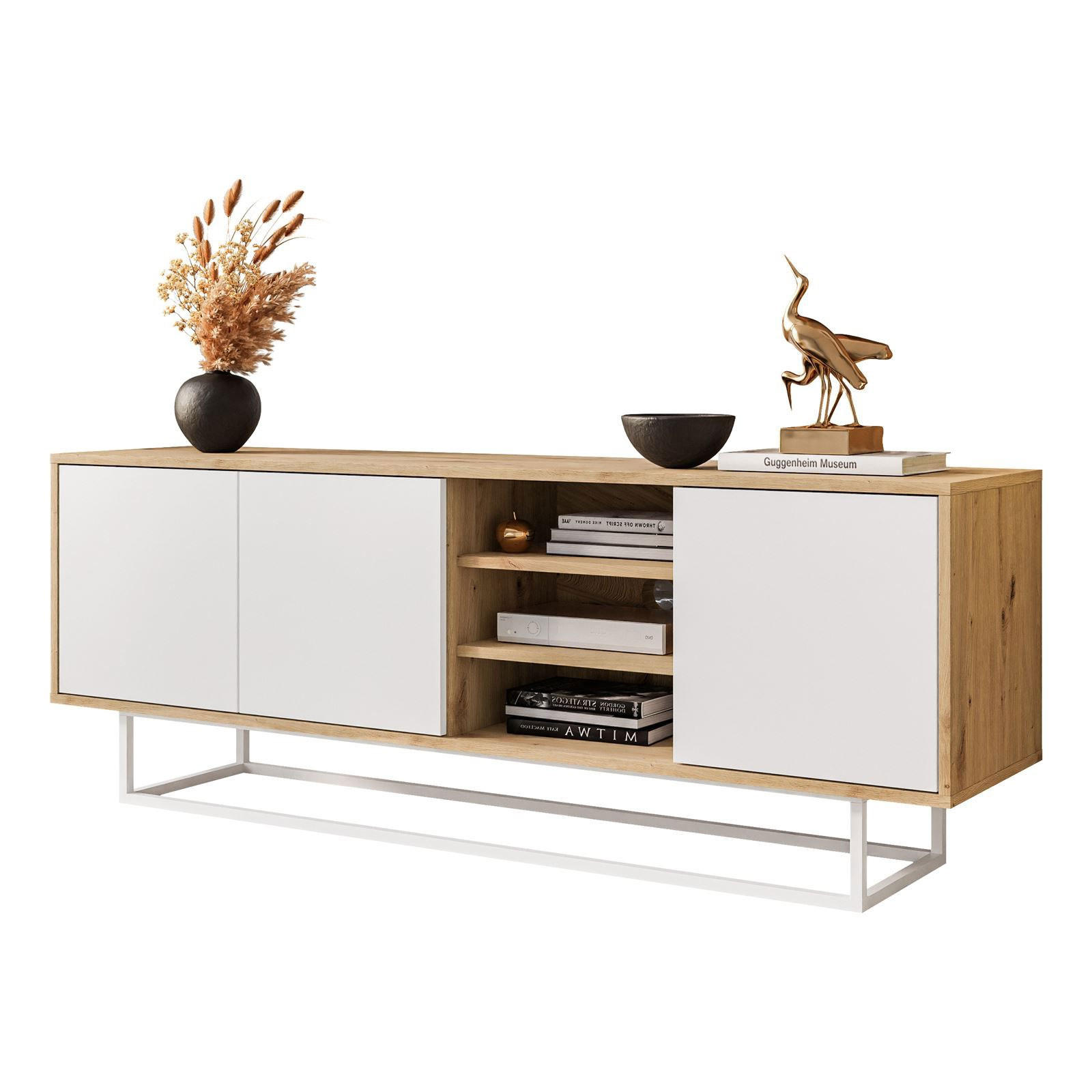 TV-ELEMENT SANAYI II mit Regalen Eiche Artisan/Weiß - Weiß, Holzwerkstoff (156/56/38cm) - Lookway