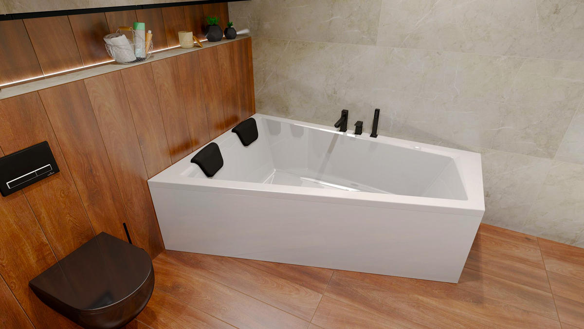BADEWANNE Eckwanne INTIMA 150/85 Links + Schürze + 2 Kopfstützen KODI Ablauf Füße - Weiß, Kunststoff (85/55.5/150cm) - bad land