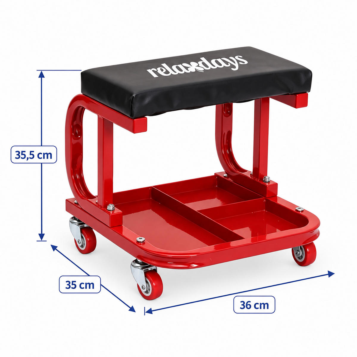 WERKSTATTHOCKER Schwarz-Rot auf Rollen mit Ablage 100 kg - Multicolor, Holzwerkstoff/Kunststoff (36/35/35.5cm) - Relaxdays