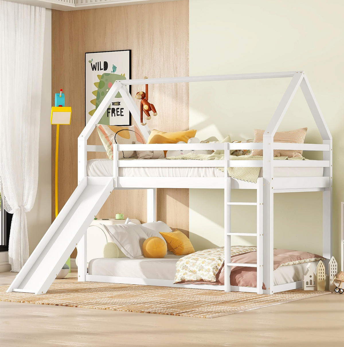ETAGENBETT in Hausform aus Kiefernholz 90x200 cm Weiß mit Rutsche und Leiter - Weiß, Holzwerkstoff (90/200cm) - IVMEU