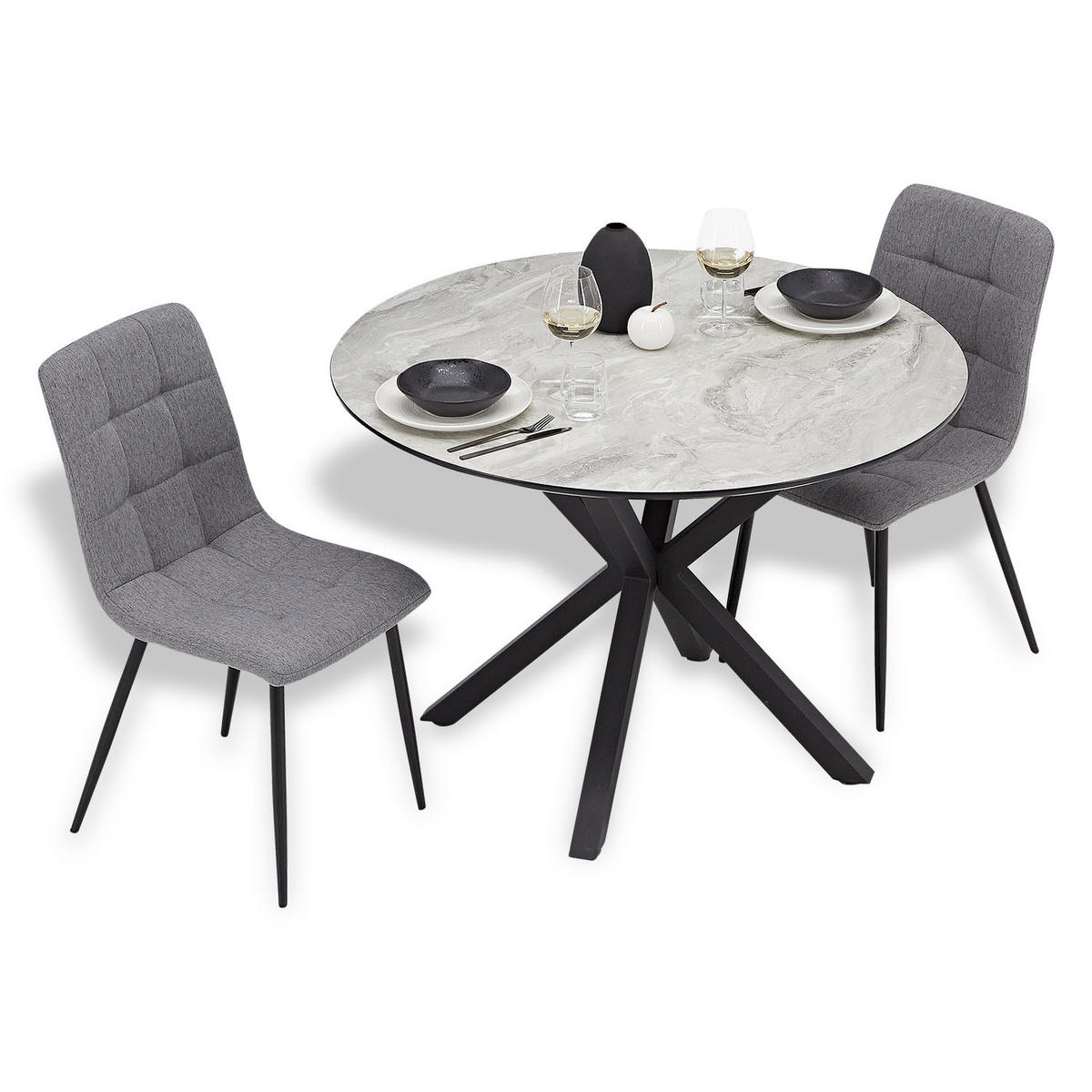TISCHGRUPPE rund grau schwarz mit 2 Stühle Grau - Schwarz/Grau, Textil/Metall (110/77/110cm) - Homestyle4u