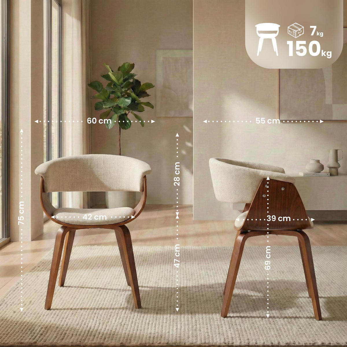 STUHL Stoff Creme - Walnussfarben/Creme, Holz/Textil (60/75/55cm) - CLP