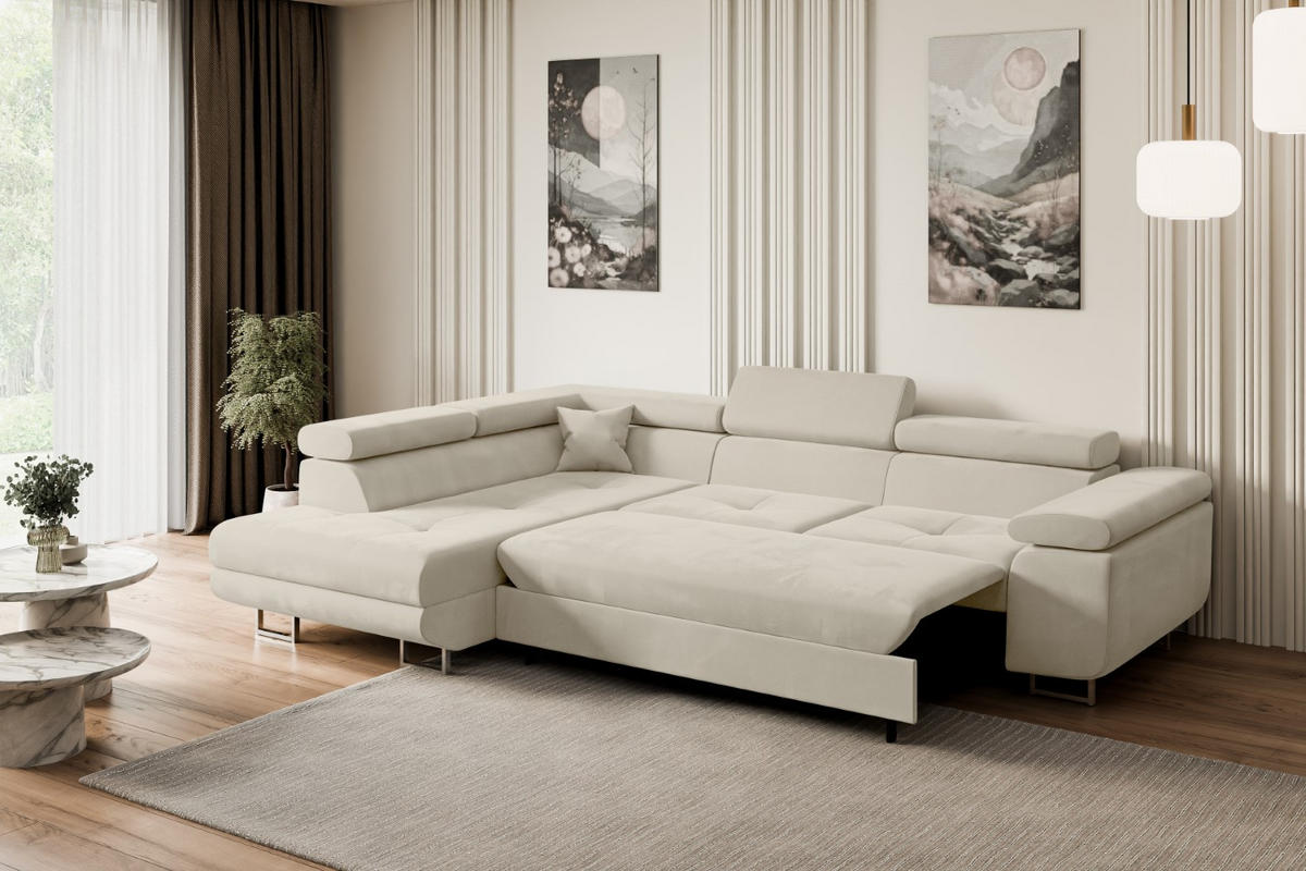 ECKSOFA mit Schlaffunktion und Bettkasten GUSA-L 272x202x107 cm Beige Velours - Beige/Silberfarben, Holzwerkstoff/Textil (202/272cm) - ALTDECOR