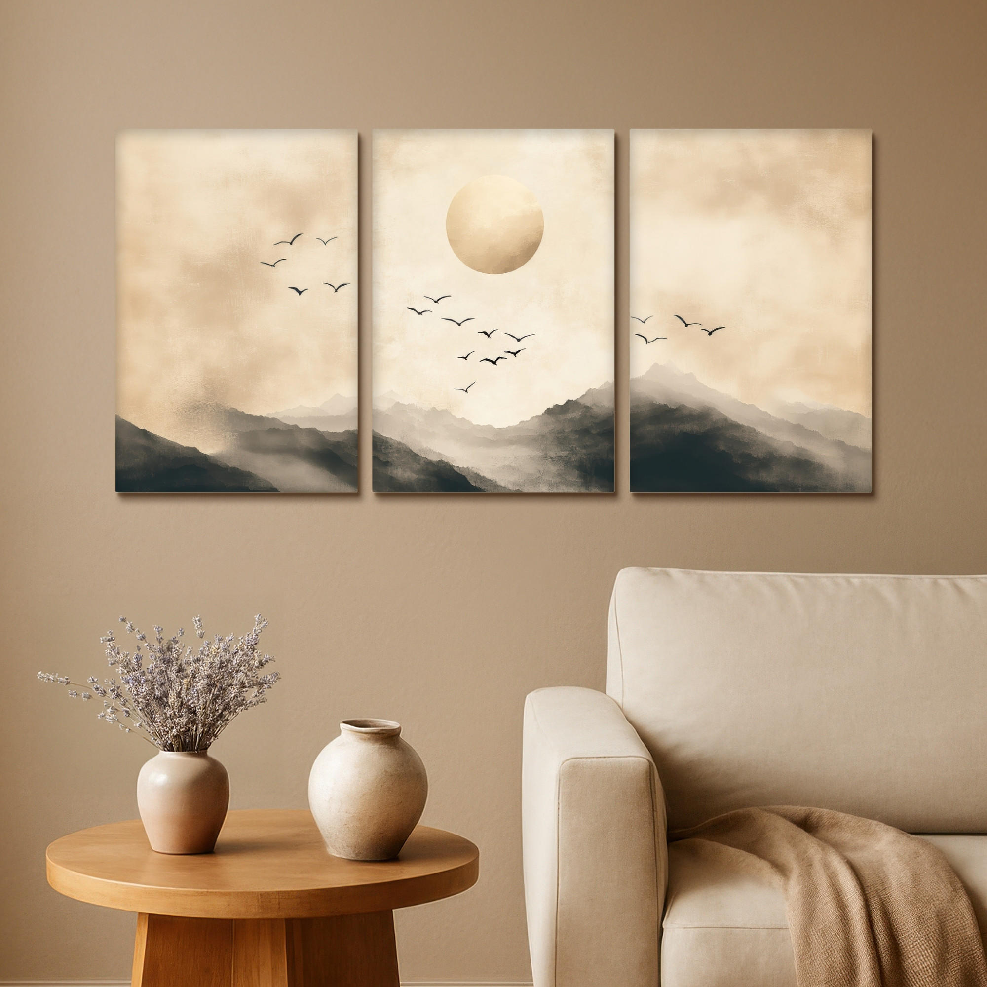 LEINWANDBILD 3er Set Landschaft - Japandi - Beige - Vögel 120x60 cm - Beige, Textil (120/60cm) - MuchoWow