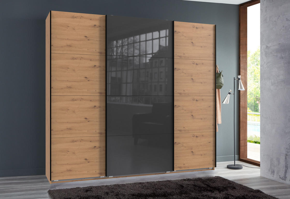 SCHWEBETÜRENSCHRANK 3-türig extrahoch in Eichendekor, eine Tür mit Glasfront Grau, B225/H236/T64 cm / 22545 - Eichefarben/Schwarz, Holzwerkstoff/Metall (225/236/64cm) - luma-home