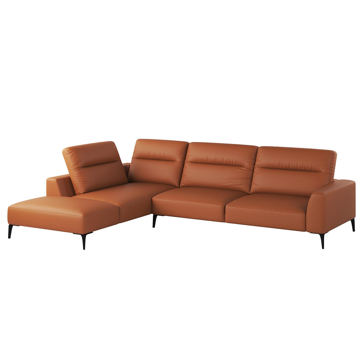 ECKSOFA mit Ottomane - Kastanienfarben/Schwarz, Leder/Metall (325/238cm) - home24