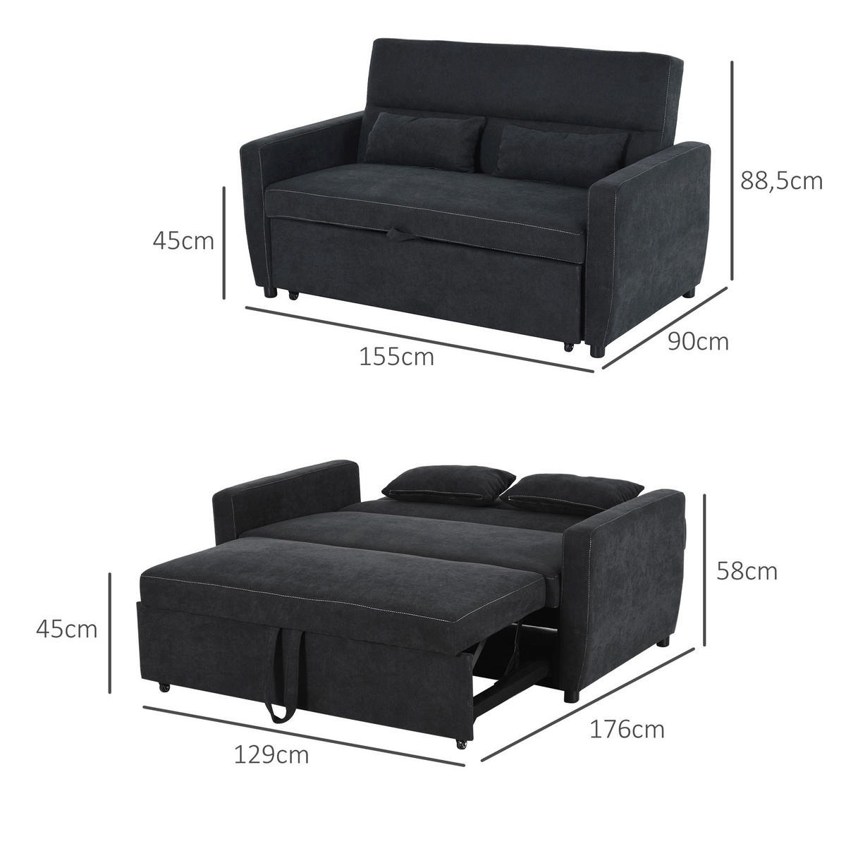 SCHLAFSOFA, Eukalyptusholz, Schwarz - Schwarz, Holz (90/88.5/155cm) - HOMCOM