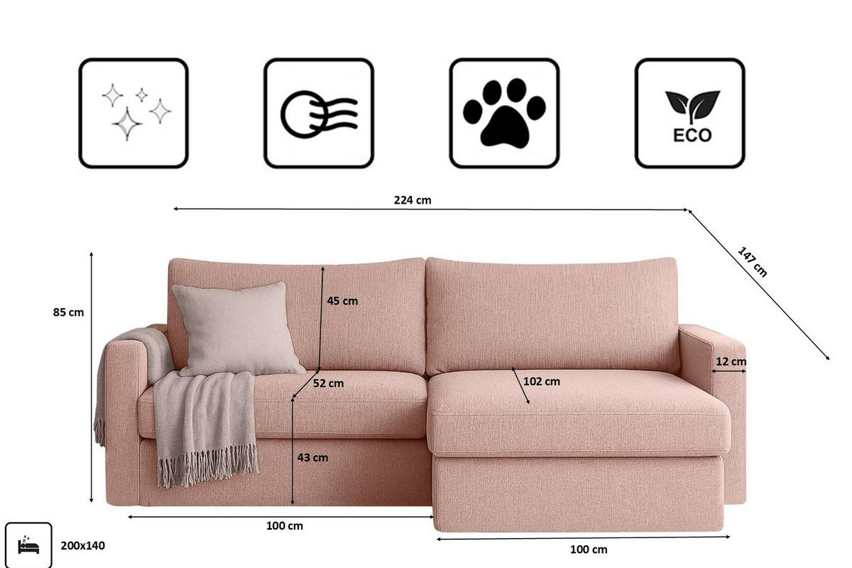 ECKSOFA Mit Schlaffunktion Und Bettzeugablage LUBEKA Stoff Faro Rosa Rechts - Rosa, Holz (224/147cm) - Kaiser Möbel