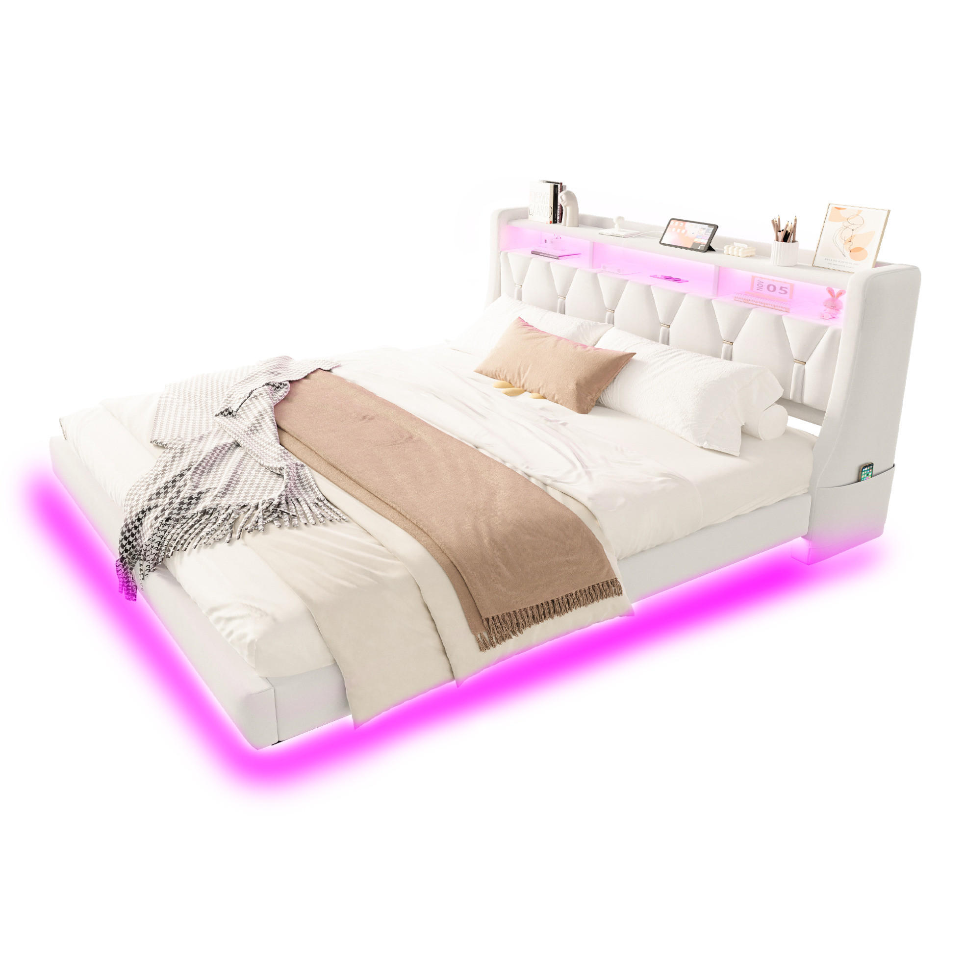 POLSTERBETT 180/200 cm Beige aus Samt mit LED, Stauraum-Kopfteil und Ladeanschlüssen - Beige, Textil (180/200cm) - OKWISH