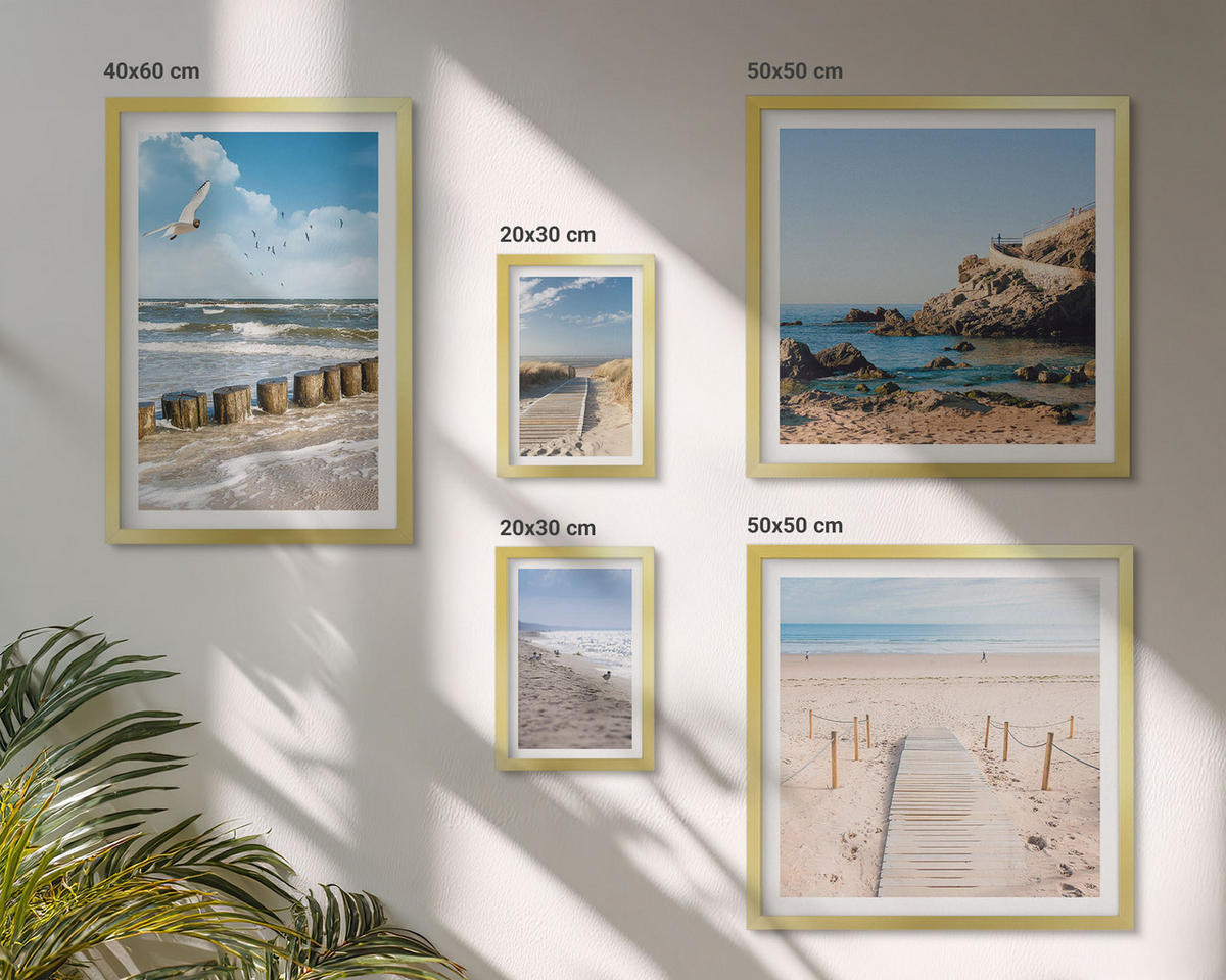 BILDER SET 5er Set - 50x50 cm & 20x30 cm & 40x60 cm Goldrahmen - Strand, Sand, Wellen, Himmel, Vögel - Goldfarben, Kunststoff (40/60cm) - TULUP