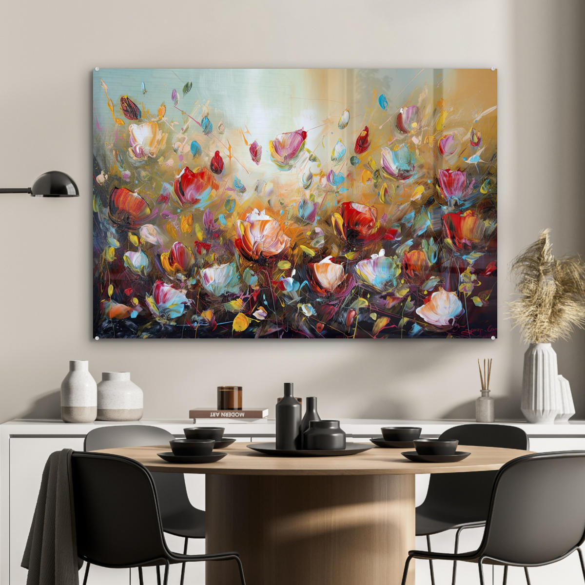 ACRYLGLASBILD Blumen - Kunst - Natur - Ölgemälde 90x60 cm - Multicolor, Glas (90/60cm) - MuchoWow