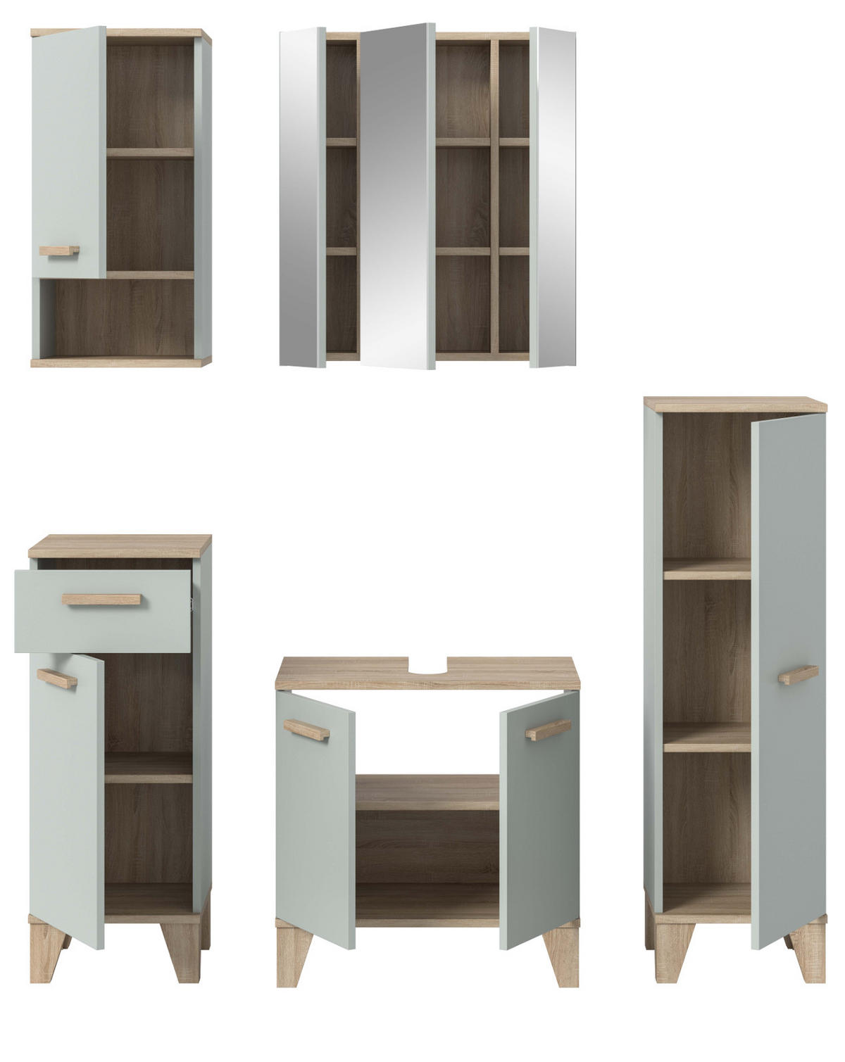 BADMÖBEL-SET 5-teilig grün, Eiche 158 x 190 cm, Komplettset mit viel Stauraum - Eichefarben/Grün, Glas/Holzwerkstoff (158/190/34cm) - Inn.Furn