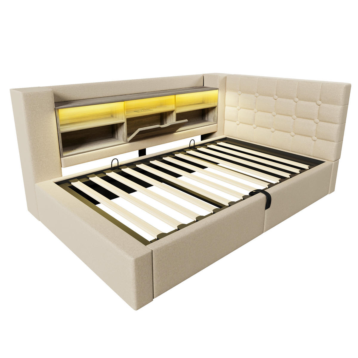 KINDERBETT 90/200 cm DE-01141, in Beige, mit LED, L-Kopfteil und Matratze - Beige, Metall (90/200cm) - ComfortXL