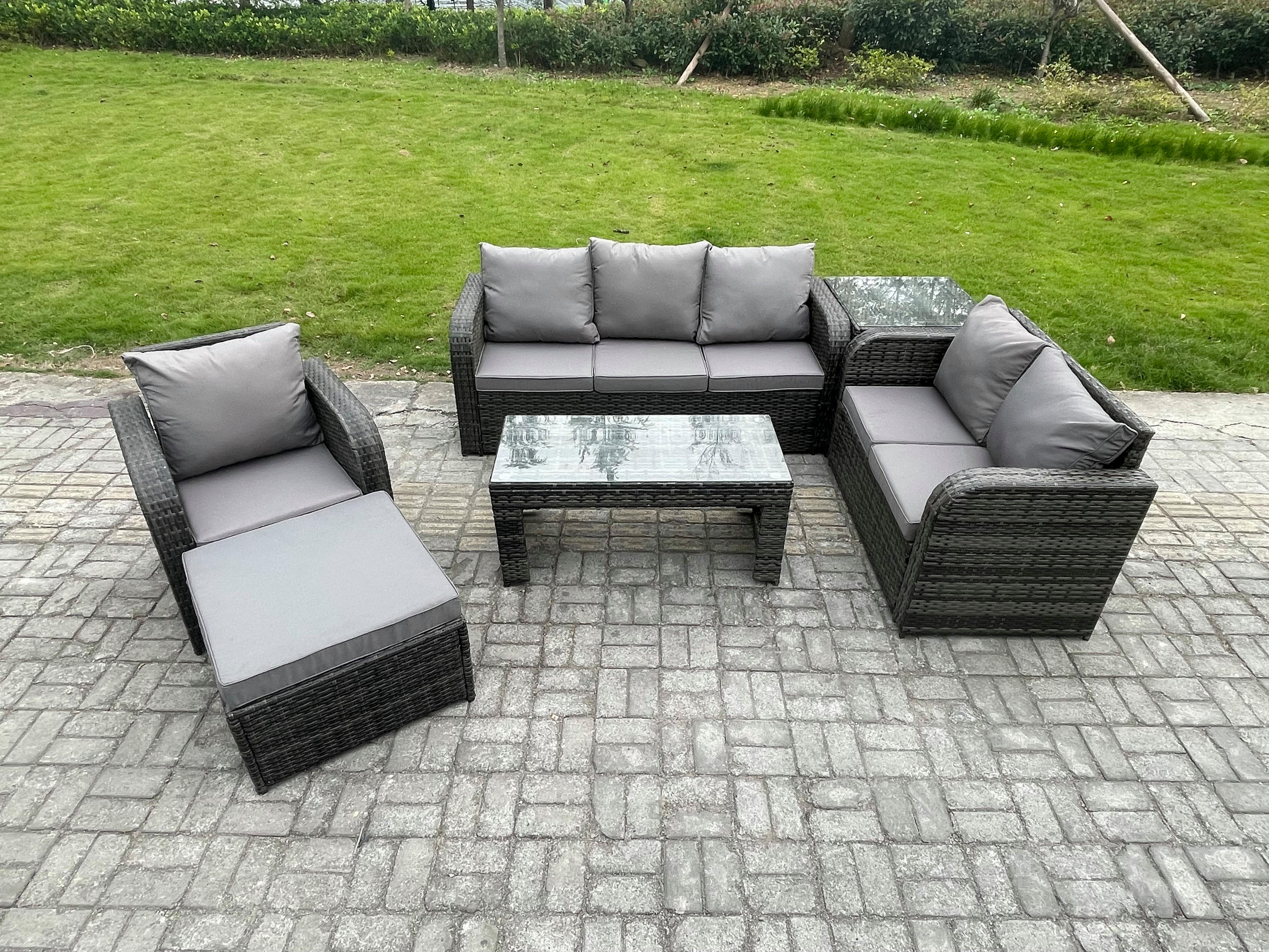 GARTENSOFA SET mit rechteckigem COUCHTISCH Polyrattan 7-Sitzer Dunkelgrau - Dunkelgrau/Grau, Glas/Kunststoff - Fimous