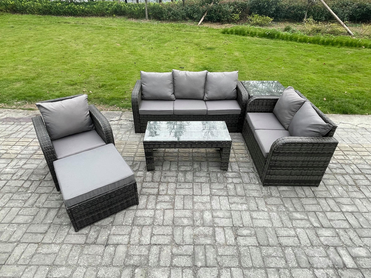 GARTENSOFA SET mit rechteckigem COUCHTISCH Polyrattan 7-Sitzer Dunkelgrau - Dunkelgrau/Grau, Glas/Kunststoff - Fimous