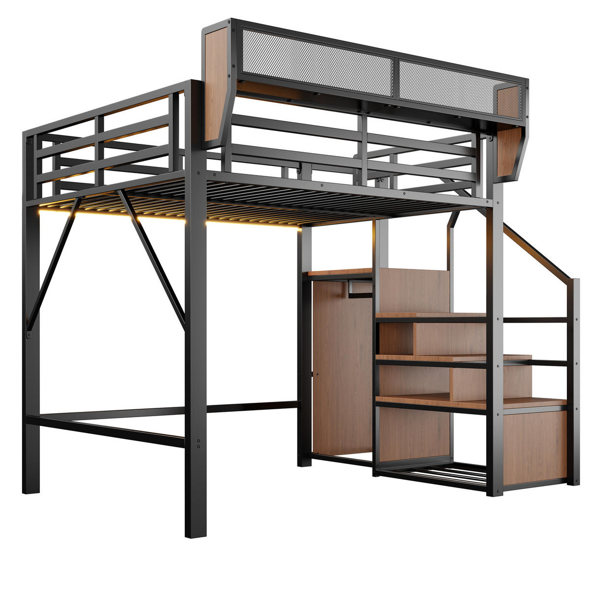 HOCHBETT 140/200 cm Schwarz mit LED und Sicherheitsleiter ohne Matratze - Schwarz, Metall (140/200cm) - MIVRAY