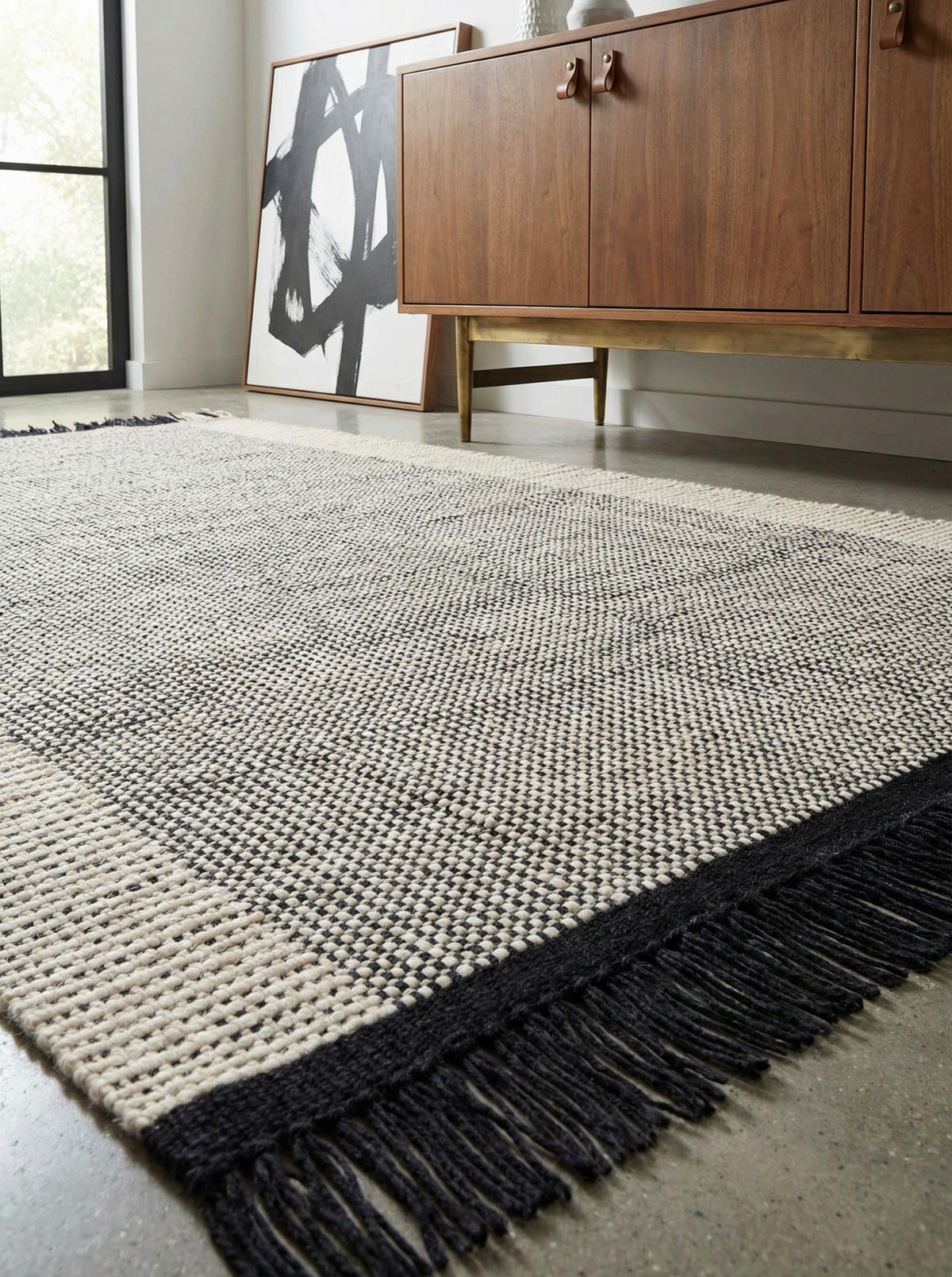 TEPPICH Wolle handgewebt mit Korbmuster Fransen PISA, Schwarz-Weiß 200x290 cm - Grau, Textil (200/290cm) - KADIMA DESIGN