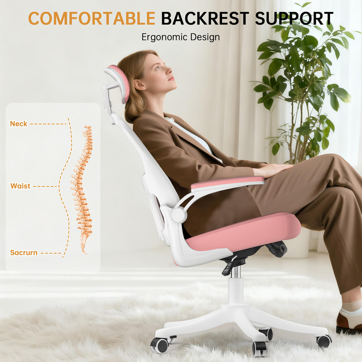 BÜROSTUHL ergonomisch Weiß-Rosa mit Lendenstütze - Pink, Metall (58.5/28.5/61cm) - Rattrix