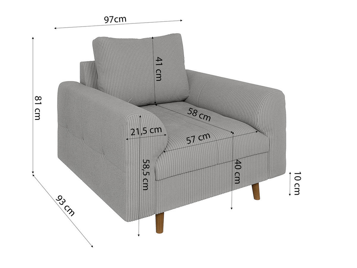 SITZGARNITUR 3+2+1 Alma Hellgrau Cord - Hellgrau/Schwarz, Holz/Textil (210/81/93cm) - S-Style Möbel