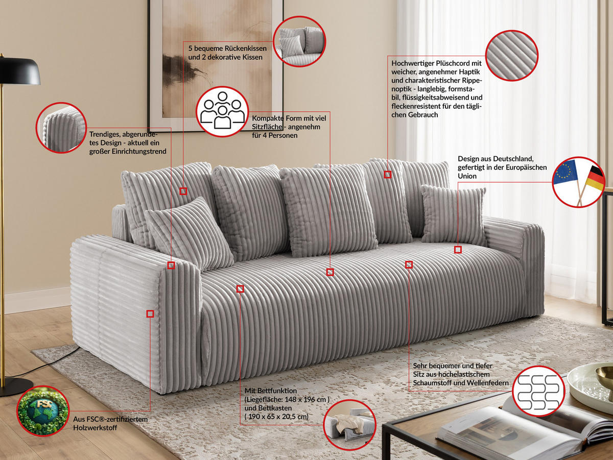 SCHLAFSOFA Calma mit Bettkasten im Bumpy-Design aus weichem Hellgrau Plüschcord - Hellgrau/Schwarz, Holz/Kunststoff (239/88/98cm) - S-Style